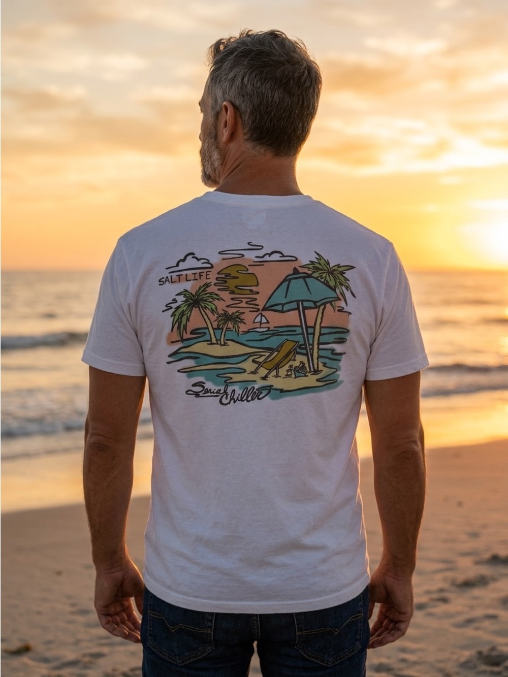 Salt Life White Tee with Pastel Beach Sunset Graphic